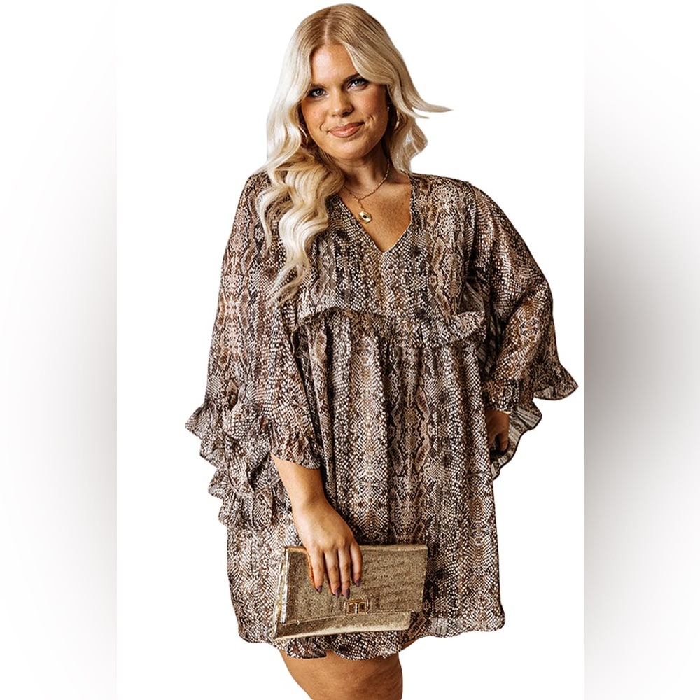 Women’s‎ brown snake animal print crinkle 1X plus above the knee baby doll dress